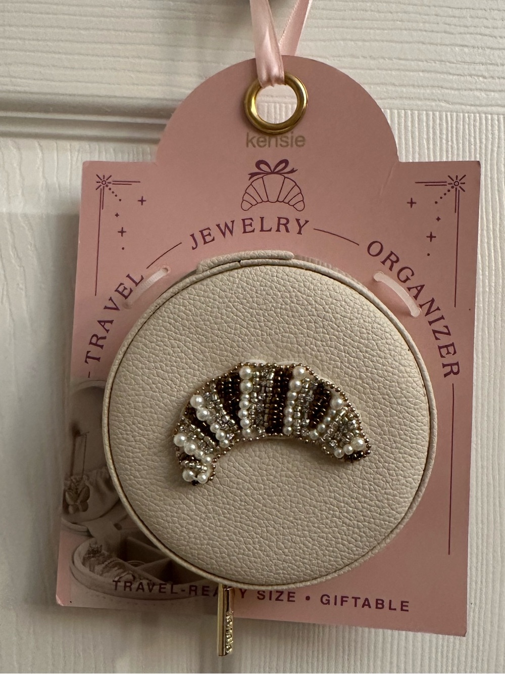 Kensie Cream Travel Jewelry Organizer with Beaded Croissant Accent